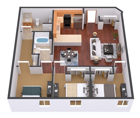 Floor plan for 3 beds, 2 baths, 976 sqft